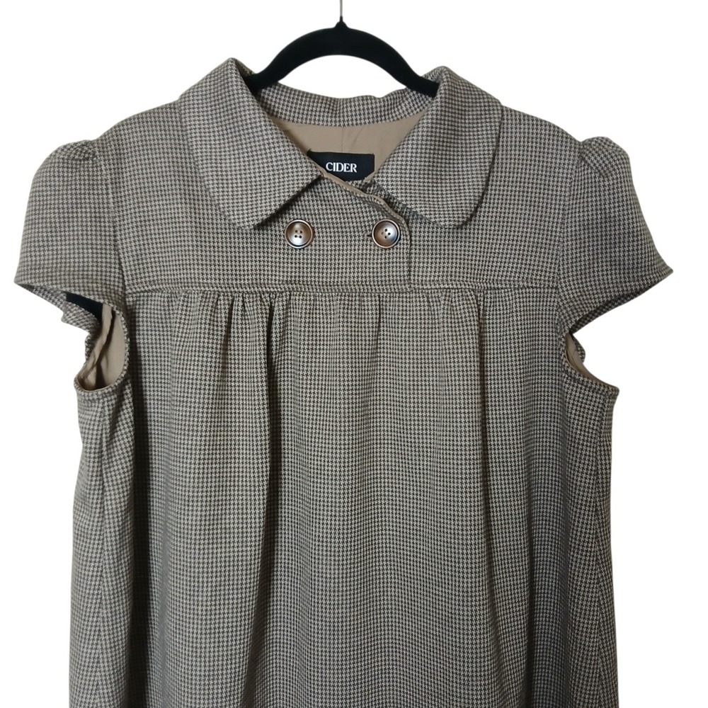 CIDER Babydoll Mini Dress Houndstooth Peter Pan Collar Brown Plaid Smock Size XL - Picture 3 of 12